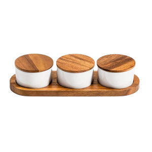 Ceramic Condiment Set On Acacia Wood Base