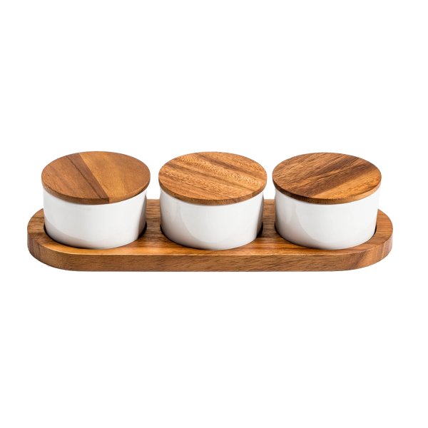 Ceramic Condiment Set On Acacia Wood Base