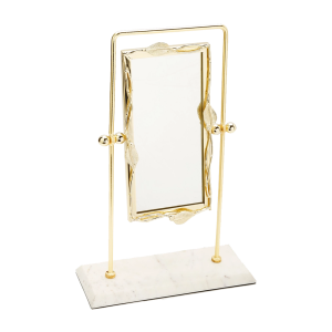 Rectangular Table Mirror Gold Leaf Border White Marble Base