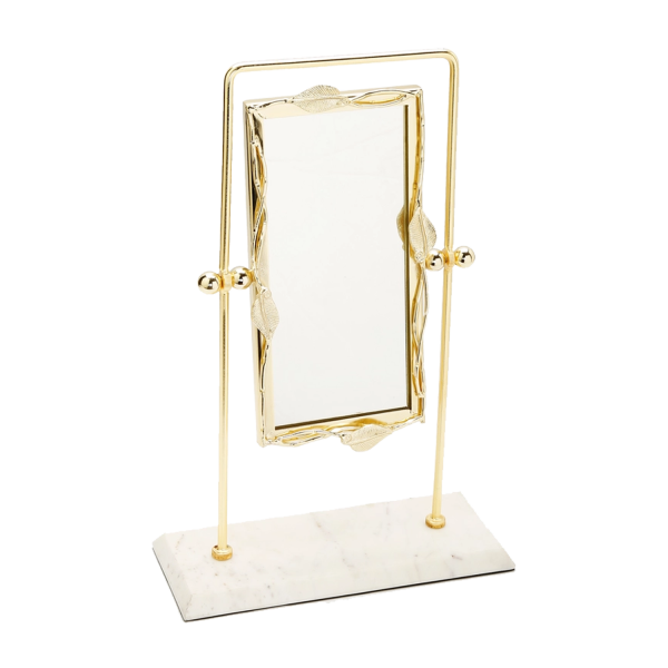 Rectangular Table Mirror Gold Leaf Border White Marble Base